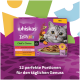 Emballage de nourriture pour chats Whiskas TastyMix Chef's Choice avec un chat gris, présentant 12 portions en sauce et un texte allemand sur le plaisir quotidien.