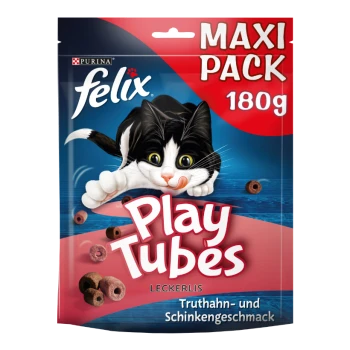 Felix Play Tubes Katzenleckerlis, 180g Packung, mit einer verspielten schwarz-weißen Katze und den Texten "Leckerli" und "Truthahn- und Schinkengeschmack."
