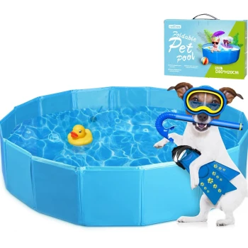 Ein blauer faltbarer Haustierpool mit einer Gummiente, die darin schwimmt, begleitet von einem Hund, der Schnorchelausrüstung trägt und ein Spielzeug hält.