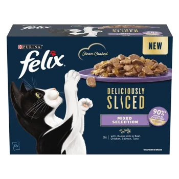 Purina Felix cat food box with a playful black and white cat, featuring "Deliciously Sliced Mixed Selection" in jelly, 90% animal proteins.