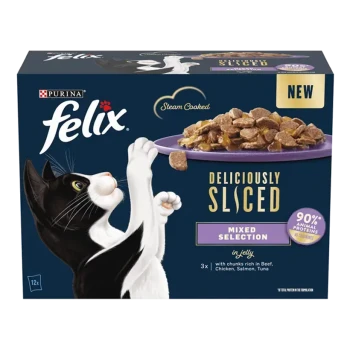 Purina Felix cat food box with a playful black and white cat, featuring "Deliciously Sliced Mixed Selection" in jelly, 90% animal proteins.