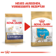 Vergleich der Verpackung von Royal Canin Hundefutter: links "Junior Chihuahua" für Hunde bis 8 Monate, rechts "Puppy Chihuahua" mit aktualisiertem Design.