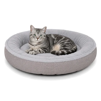 Grau getigerte Katze mit grünen Augen liegt in einem runden hellgrauen Plüsch-Tierbett mit erhöhtem Rand.