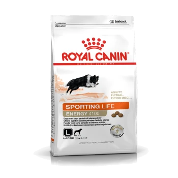 Royal Canin Sporting Life Hundefuttertüte, mit einem schwarz-weißen Hund in Bewegung, beschriftet mit "ENERGY 4100" für aktive Hunde.