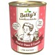 Dose mit Betty's Landhausküche Katzenfutter mit einer Vintage-Illustration einer Frau beim Kochen und einer Katze. Text: "Rind & Herz & Taurin", "Für Katzen."