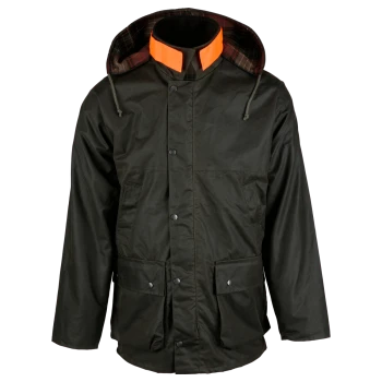 Dunkelgrüne wasserdichte Jagdjacke mit orangefarbenen Kragenakzenten und kariert gefütterter Kapuze, mit Fronttaschen und Druckknöpfen.