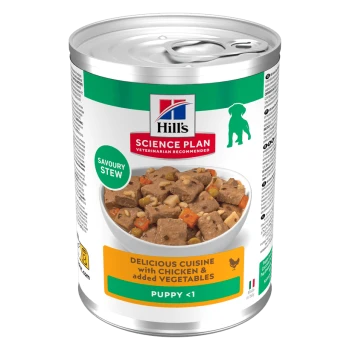 Can of Hill's Science Plan puppy wet food, Savoury Stew — "Delicious Cuisine with Chicken & added Vegetables", "PUPPY <1"