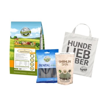 Eine Sammlung von Haustierprodukten: Bellfor Hundefutter, blaue Dentalsticks, Shiimun Hautergänzung und eine "HUNDE LIEBEBER" Tragetasche.