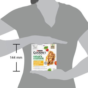 Boîte Purina Gourmet Nature's Creations montrant un chat et de la nourriture, tenue dans les mains avec échelle « 144 mm »