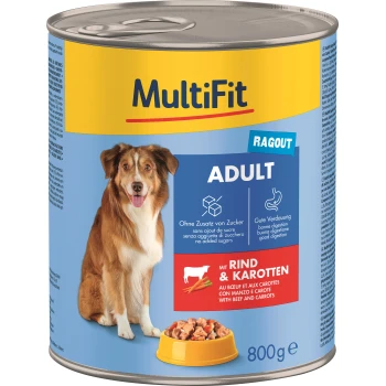 Dosenfutter für Hunde mit der Aufschrift "MultiFit Ragout Adult" mit Rindfleisch und Karotten, mit einem gelb-blauen Design, 800g Größe und ohne zugesetzten Zucker.