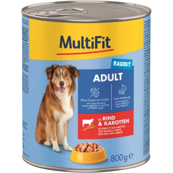 Dosenfutter für Hunde mit der Aufschrift "MultiFit Ragout Adult" mit Rindfleisch und Karotten, mit einem gelb-blauen Design, 800g Größe und ohne zugesetzten Zucker.