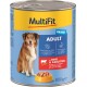 Dosenfutter für Hunde mit der Aufschrift "MultiFit Ragout Adult" mit Rindfleisch und Karotten, mit einem gelb-blauen Design, 800g Größe und ohne zugesetzten Zucker.