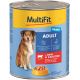 Dosenfutter für Hunde mit der Aufschrift "MultiFit Ragout Adult" mit Rindfleisch und Karotten, mit einem gelb-blauen Design, 800g Größe und ohne zugesetzten Zucker.