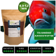 Eine Tüte Kenkou Baby-Food für Koi-Fische, 1 kg, mit einer braunen Farbe und einem Etikett mit Details zu seiner Größe (0,8-1,2 mm) und Vorteilen.