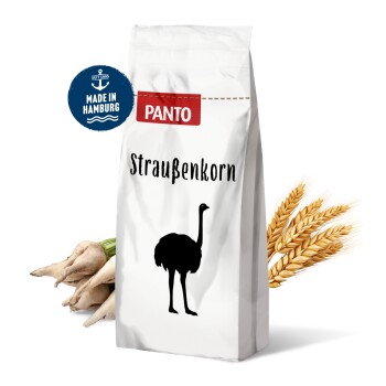 Weiße Tasche mit der Aufschrift "PANTO Straußenkorn" mit einer schwarzen Silhouette eines Straußes.