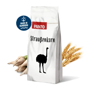Weiße Tasche mit der Aufschrift "PANTO Straußenkorn" mit einer schwarzen Silhouette eines Straußes.