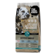 Tüte 'THE GOOD STUFF' Adult-Hundefutter mit schwarz-weiß geflecktem Hund und Text 'Füttern mit gutem Gewissen' und 'ADULT DOGS'.