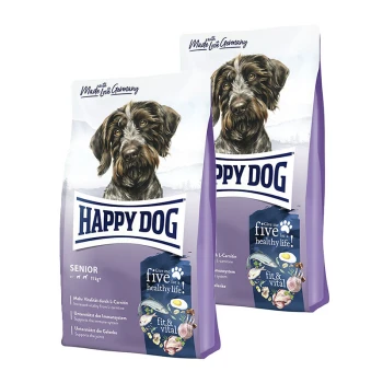 Zwei Säcke Happy Dog Senior Hundefutter mit einem braun-weißen Hund auf der Vorderseite, mit Text, der Gesundheitsvorteile und Zutaten hervorhebt.