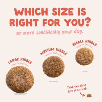 Graphic: "Which size is right for you?" showing Large Kibble (18mm), Medium Kibble (14mm), Small Kibble (10mm) and a tiny crumb.