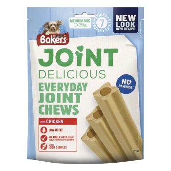Bakers Joint Delicious Everyday Joint Chews for medium dogs (10-25kg), with chicken, low in fat, no rawhide, and joint complex.