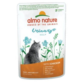 Almo Nature Urinary Help Katzenfutterbeutel mit einer grauen Katzensilhouette zwischen blauen Blumen, beschriftet mit 'Mit Huhn' und 'Erwachsene - Reife Katze'.