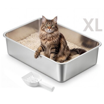 Langhaariger Tigerkater sitzt in einer Edelstahlschale mit Katzenstreu, weiße Schaufel davor; sichtbarer Text: XL rechts.