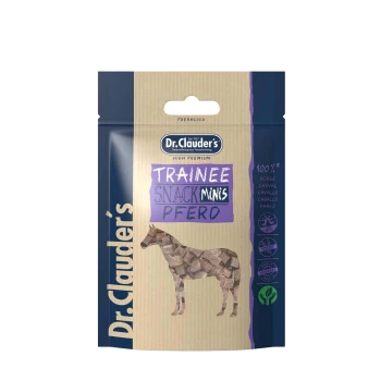 Dr. Clauder's Trainee Snack Minis für Pferde, 100% Pferdefleisch, hohe Premiumqualität, mit einer Pferdesilhouette auf der Verpackung.