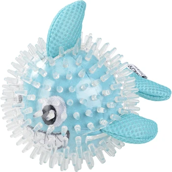 Un jouet pour animaux de compagnie bleu et épineux en forme de poisson, avec un visage souriant et des nageoires texturées, conçu pour les chiens ou les chats.