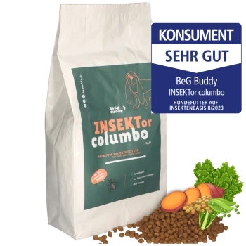4 kg Tüte BeG Buddy INSEKTor Hundefutter, grün-weißes Design mit Hundillustration, Gemüse, Kroketten und "KONSUMENT SEHR GUT."