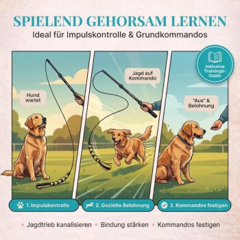 Schwarze Hundetraining Peitsche mit einem gewickelten Griff, misst 110 cm, neben einem 40 cm langen geflochtenen Seilspielzeug, beschriftet mit "EINFACH ZU VERSTAUEN."