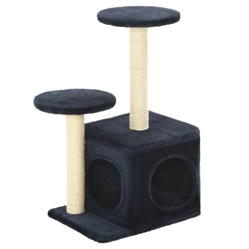 Katzenbaum mit zwei Plattformen und einem gemütlichen Versteck, mit weichem schwarzem Stoff und mit Sisal umwickelten Kratzpfosten.