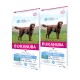 Sacs de nourriture pour chiens EUKANUBA Daily Care, présentant un chien brun sur le devant, étiquetés "Contrôle du poids" pour les chiens adultes, 15 kg chacun.
