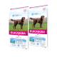 EUKANUBA Daily Care Hundefutterbeutel, mit einem braunen Hund auf der Vorderseite, beschriftet mit "Weight Control" für erwachsene Hunde, jeweils 15 kg.