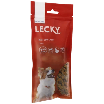 Käsemini-Snacks für Hunde in einer roten Tüte, beschriftet mit "LECKY", mit einem glücklichen Hund und Symbolen für glutenfrei und weichen Snack.