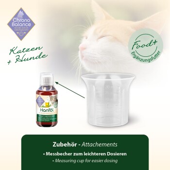 Katze mit Hanföl und einem Messbecher. Text: "Chrono Balance," "Katzen + Hunde," "Zubehör - Attachments."