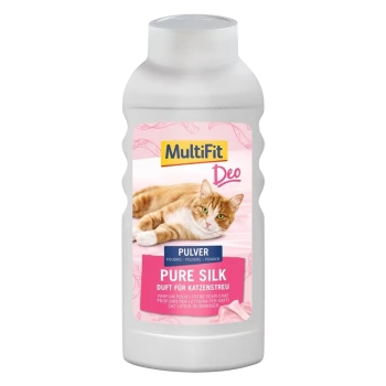 Flasche mit MultiFit Deo Katzenstreu-Deodorant-Pulver mit einer verspielten orangefarbenen Katze auf dem Etikett, mit "Pure Silk" Duft.