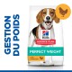 Sac de nourriture pour chiens Hill's Science Plan Perfect Weight, présentant un beagle et le texte "Gestion du Poids" et "avec Poulet."