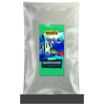 Un sac de sable d'aquarium MultiFit, avec une étiquette colorée comportant des images de poissons tropicaux, étiqueté "AQUARIENSAND" et "pH neutre."