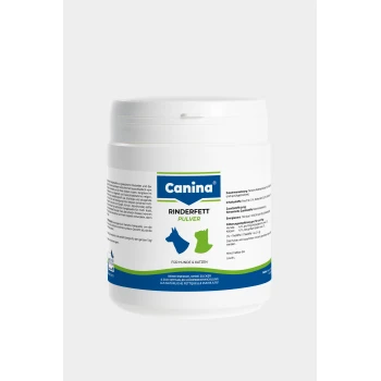 Canina Rinderfett Pulver für Hunde und Katzen, mit Nährwertangaben, Energiegehalt und Fütterungsempfehlungen auf einem weißen Behälter.