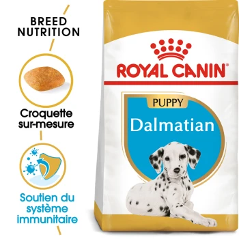 Sac de nourriture pour chiots Royal Canin Dalmatian présentant une nutrition spécifique à la race, avec des icônes pour des croquettes adaptées et un soutien du système immunitaire.