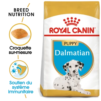 Sac de nourriture pour chiots Royal Canin Dalmatian présentant une nutrition spécifique à la race, avec des icônes pour des croquettes adaptées et un soutien du système immunitaire.