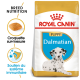 Sac de nourriture pour chiots Royal Canin Dalmatian présentant une nutrition spécifique à la race, avec des icônes pour des croquettes adaptées et un soutien du système immunitaire.