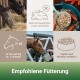 Bild, das die Fütterungsrichtlinien für Pferde zeigt, mit Bildern von Pferden, Futter und Symbolen. Der Text enthält "Empfohlene Fütterung" und Fütterungsanweisungen.