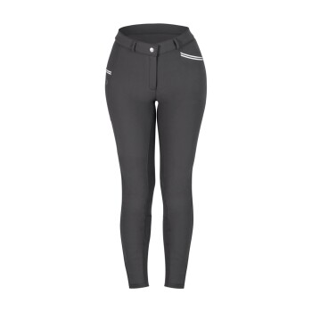 Schwarze Sportleggings mit hohem Bund, mit weißen Akzentstreifen und einem vorderen Knopfverschluss.