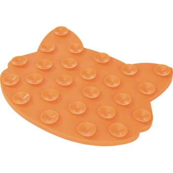 Orange silicone cat-head shaped lick/treat mat with multiple suction-cup wells for pets.