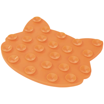 Oranges Silikon-Leckmatten in Katzenkopf-Form mit mehreren saugnapfartigen Vertiefungen für Haustiere.