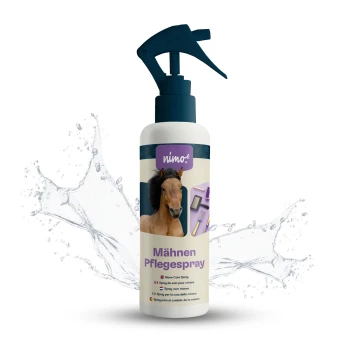 Flasche mit Mähnenpflegespray für Pferde, mit einem Pferdebild und mehrsprachigem Text: "Mähnen Pflegespray" und "Mane Care Spray."