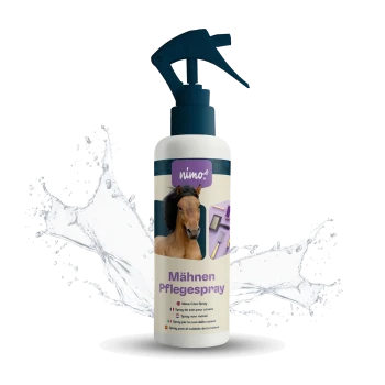 Flasche mit Mähnenpflegespray für Pferde, mit einem Pferdebild und mehrsprachigem Text: "Mähnen Pflegespray" und "Mane Care Spray."