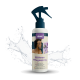 Flasche mit Mähnenpflegespray für Pferde, mit einem Pferdebild und mehrsprachigem Text: "Mähnen Pflegespray" und "Mane Care Spray."