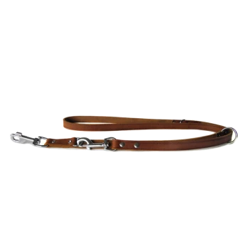 Brown leather dog leash with metal clips and snaps, featuring a smooth finish and sturdy design.